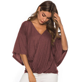 Womens Summer Ruffle Sleeve V-Neck T-Shirt Knot Tops-WineRed