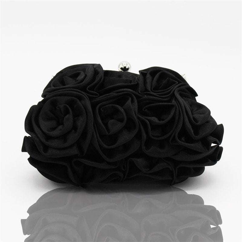Roses Clutch Purse Satin Money Clip Evening Handbag-Black