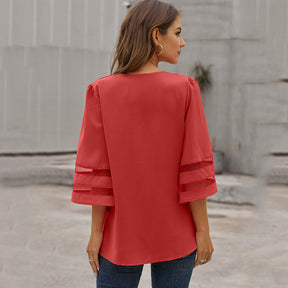 Womens V Neck 3/4 Sleeve Blouse Mesh Panel Shirt Solid Flowy Loose Top-Red