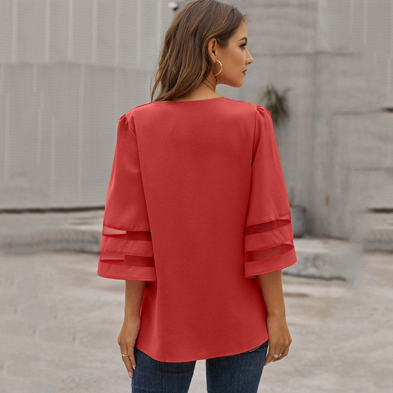 Womens V Neck 3/4 Sleeve Blouse Mesh Panel Shirt Solid Flowy Loose Top-Red