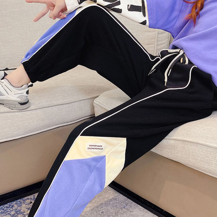 Girls Joggers Long Pants Pockets Outdoor Casual Trousers with Drawstring Three-color Stitching-Black