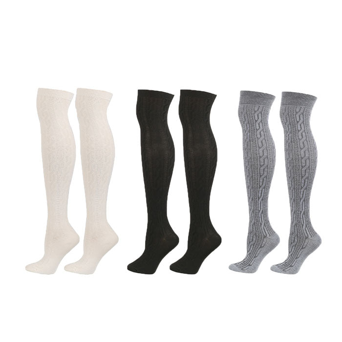 3Packs Women Extra Long High Socks Knit Warmers Thick Tall Long Boot Stockings Leg-WhiteBlackGray