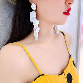 Long Drop Rose Petal Earrings for Women and Girls-White