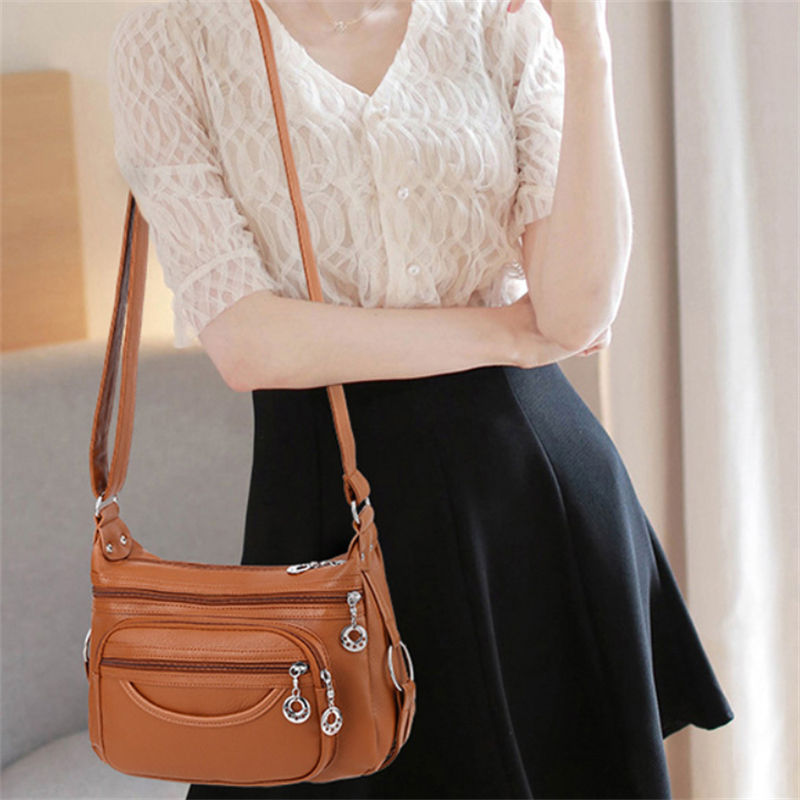 Women Crossbody Bag Leather Handbag Pocketbook Lightweight Shoulder Purse-LightBrown