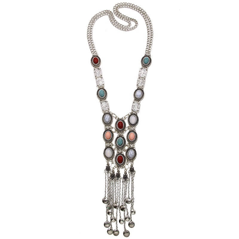 Turquoise Rhinestone Long Tassel Necklace for Women Silver