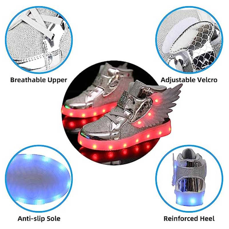 Kids Light up Shoes LED High Top Wings Sneakers-Silver