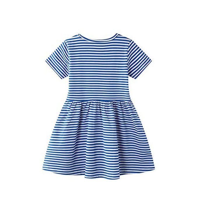 Girls Cotton Short Sleeve Casual Cartoon Appliques Striped Jersey Dresses-Blue