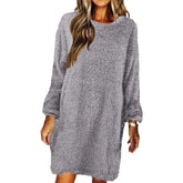 Solid Color Plush Long Sleeve Round Neck Loose Casual Dress-Gray