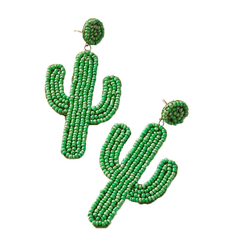 Cactus Dangle Beaded Earrings-Green