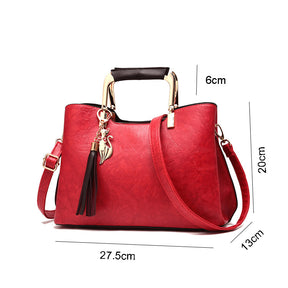 Ladies Leather Vintage Handbag Large Capacity Shoulder Bag-Red