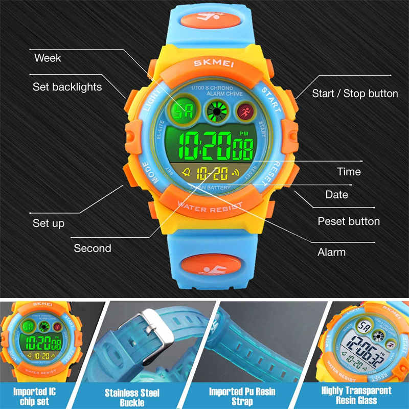 Kid Waterproof Electronic Multi Function Outdoor LED Watches-YellowBlue