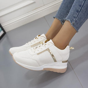 Womens Wedge Sneaker Hidden Lace-up Breathable Casual Shoes-White