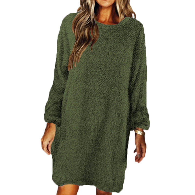 Solid Color Plush Long Sleeve Round Neck Loose Casual Dress-Green