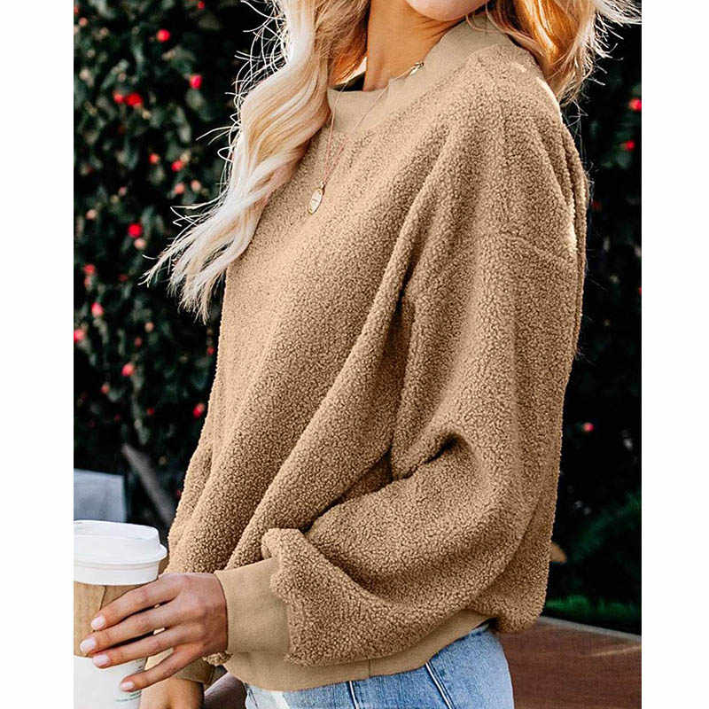 Womens Plush Sweater Casual Round Neck Sweatshirt Pullover-Khaki