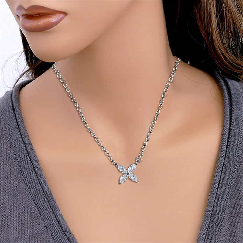 Fashion Petal Fairy Zircon Pendant Necklace-Silver