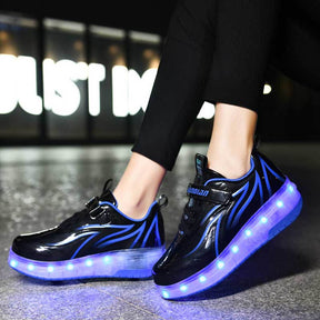 Double Wheel Roller Skate Shoes Light Up Sneakers for Boys Girls-Black Blue