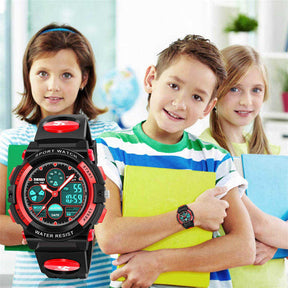 LED Multi Function Sports Waterproof Watch for Kids-Red