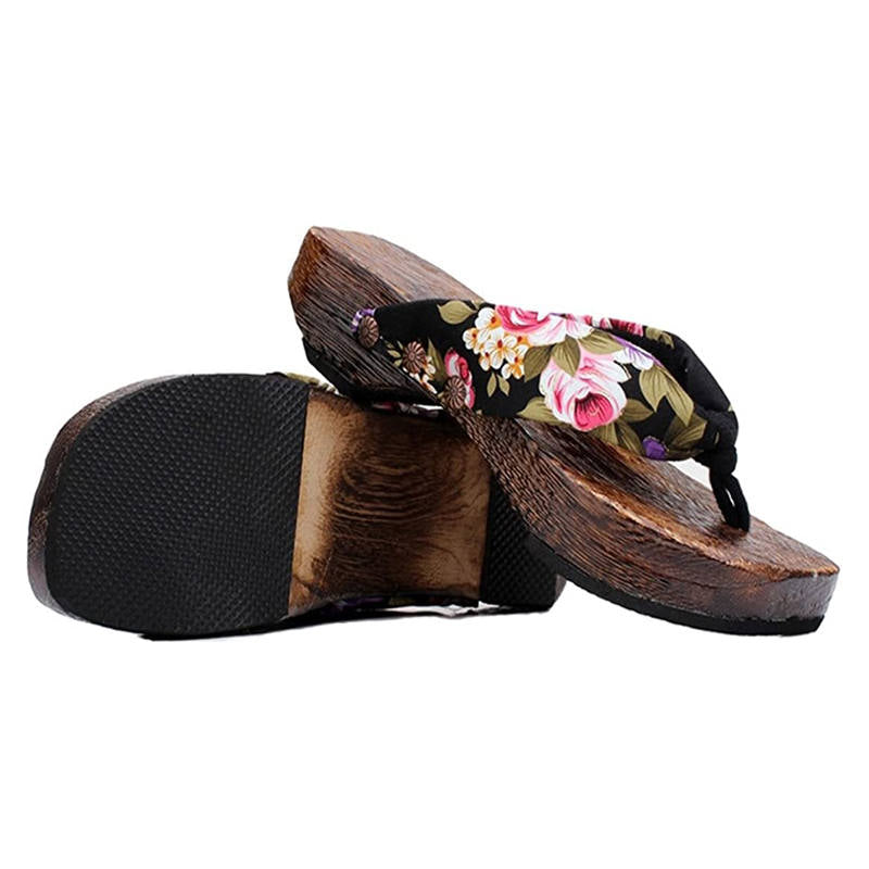 Womans Japanese Traditional Slip On Clogs Flip Flop Sandals-Black