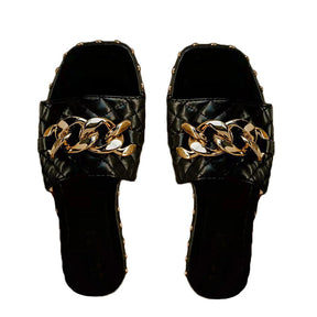 Womens Open Toe Sandals Gold Chain Backless Slippers-Black