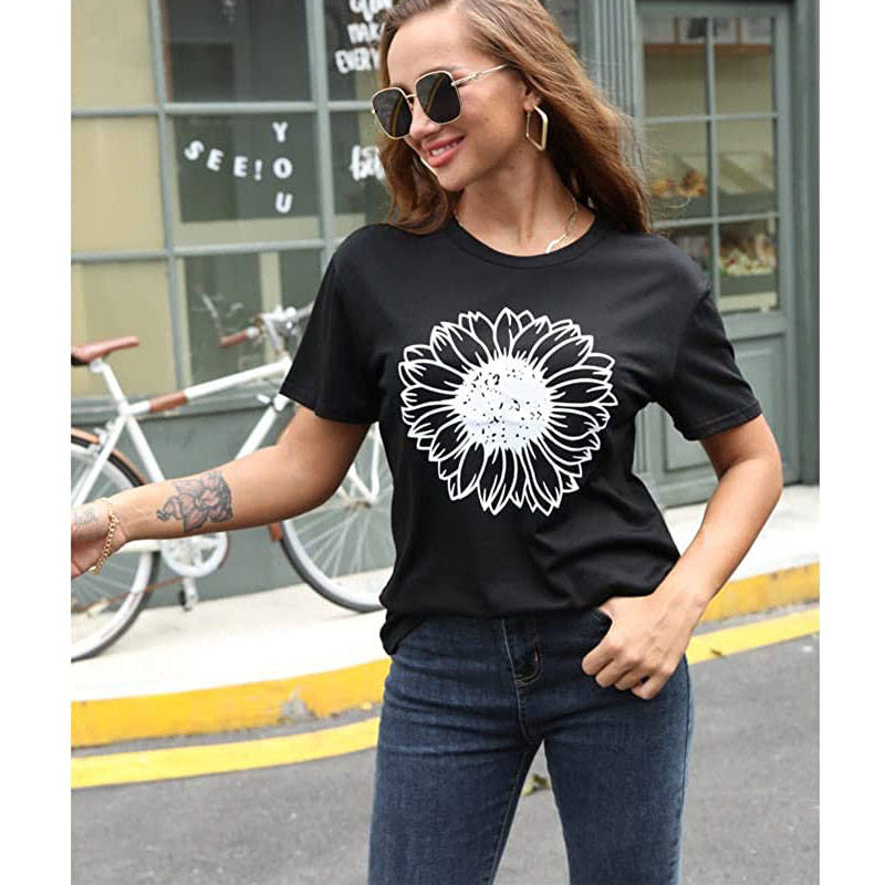 Womens Sunflower Summer Short Sleeve T-shirt Loose Casual Top-Black