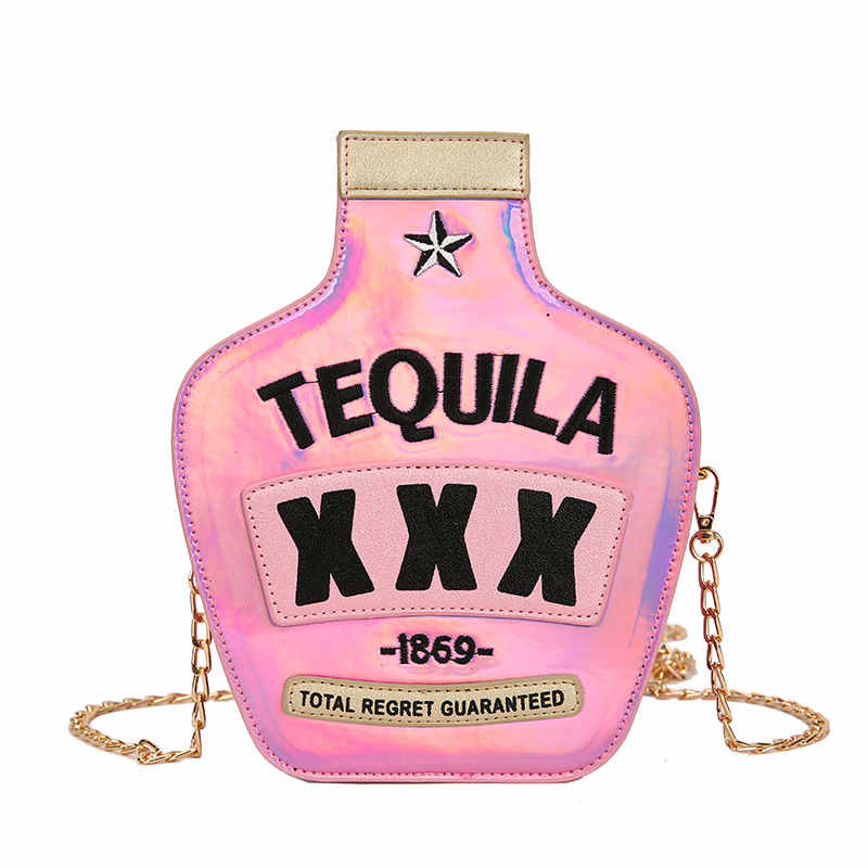 Tequila Bottle Shaped Laser Shoulder Handbags PU Crossbody Purse for Women-Pink