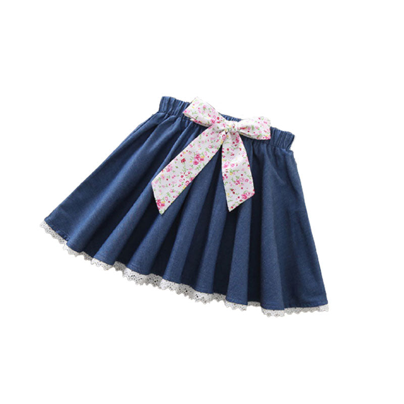 Girls Skater Skirt Denim Solid Color Bowknot Skirt with Lace Hem-DarkBlue