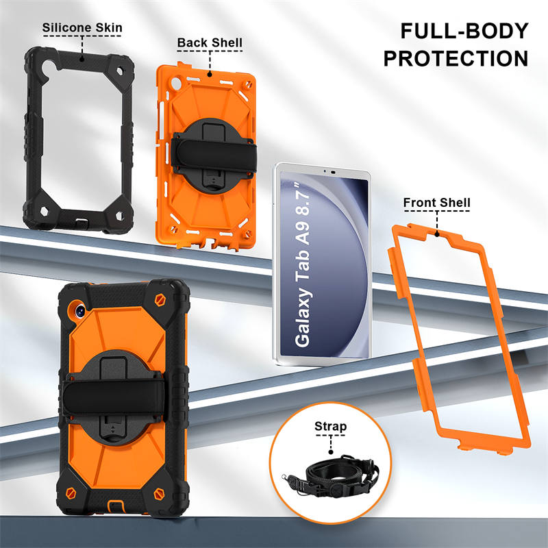 Rugged Tablet Case with Stand and Shoulder Strap for Samsung Galaxy A9-BlackOrange