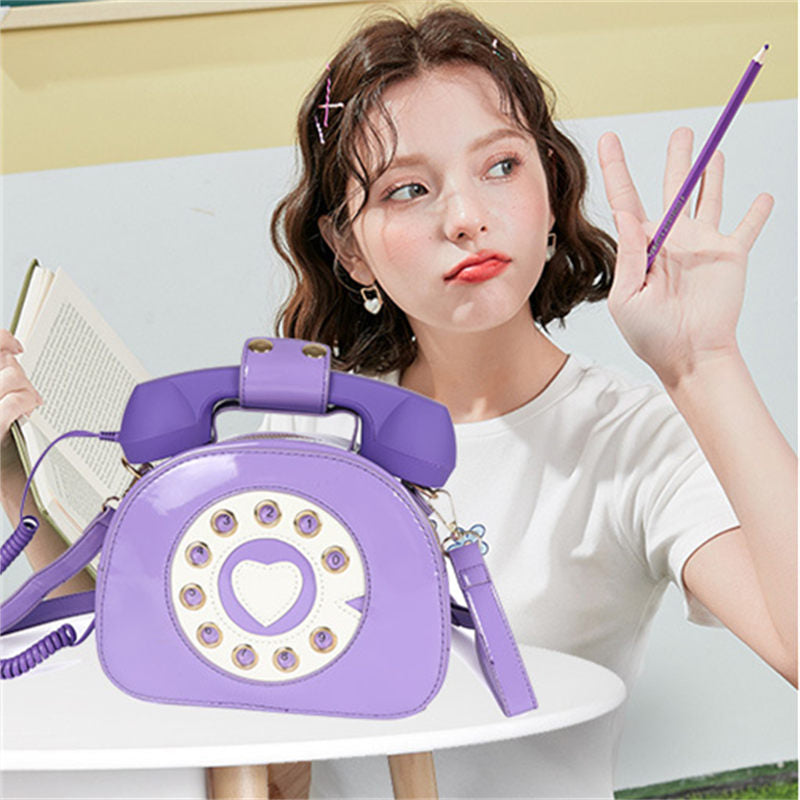 Women Telephone Shaped Handbag Retro Phone Top-Handle Crossbody Bags-Purple