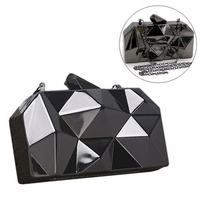 Women Lattice Pattern Metal Handbag Chain Geometric Evening Clutch Purse-Black