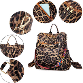 Fashion Backpack Multipurpose Print Leather Travel Shoulder Bag-Leopard Brown