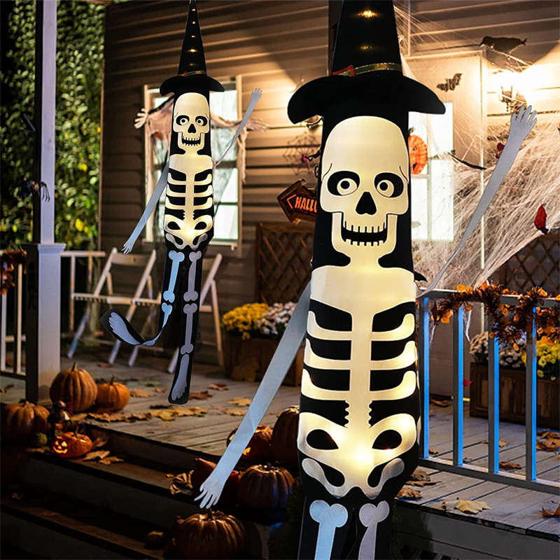 2 Pack Large Hanging Lighted Glowing Skeleton Flag for Indoor Outdoor Yard Decor-White Light