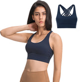 High Support Sports Bras Breathable Strappy Crisscross Back Tops-Dark Blue