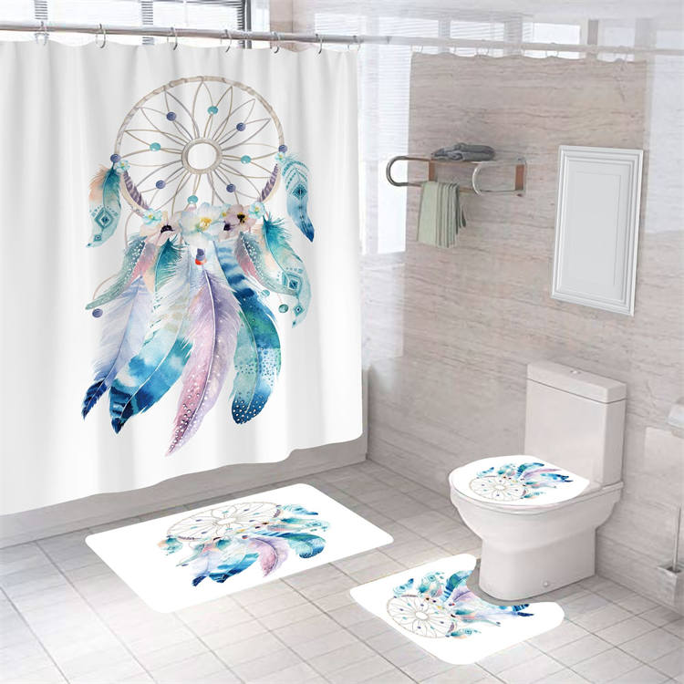 4 Pcs Shower Curtain Set Bath Mat U Shape and Toilet Lid Cover Mat with 12 Hooks-A8