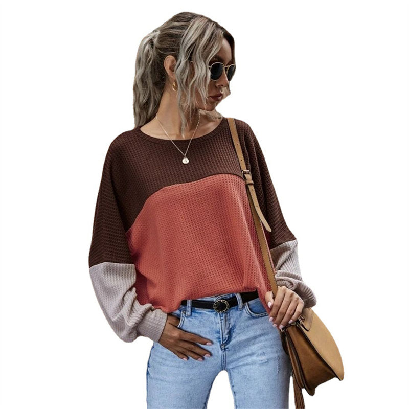 Women Waffle Color Block Sweatshirt Long Sleeve-Brick Red