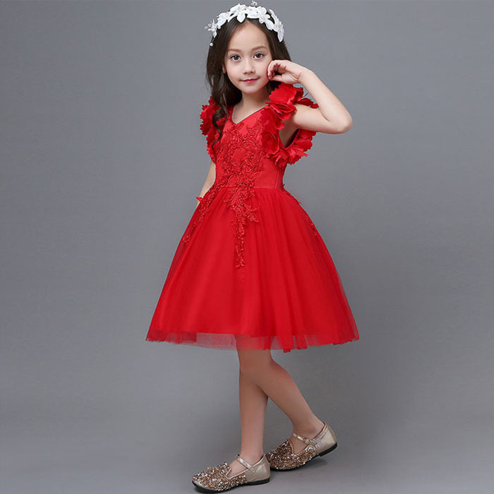 Princess Flower Girl Lace Dress Pageant Kids Christmas Party Dresses-Red