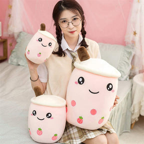 Plush Pillow Stuffed Toy Soft Lifelike Bubble Pearl Milk Tea Hugging Pillow-Pink Big Eyes