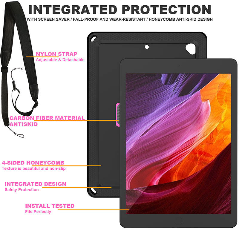 iPad Case With Handle Stand Shoulder Strap for iPad7/iPad8/iPad9 10.2/iPad10.5-BlackRose