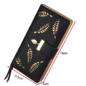 Womens Long Leaf Bifold Wallet Leather Zipper Buckle Elegant Clutch-Black