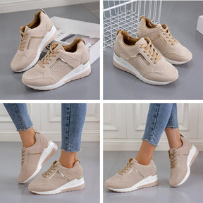 Womens Wedge Sneaker Hidden Lace-up Breathable Casual Shoes-Beige