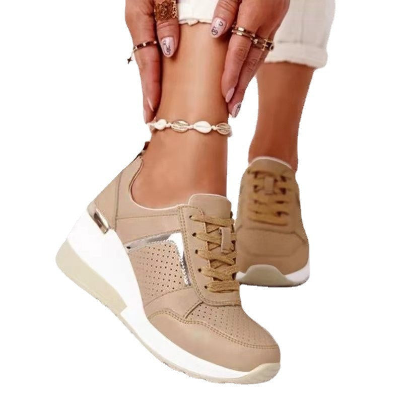 Womens Wedge Sneaker Hidden Lace-up Breathable Casual Shoes-Khaki