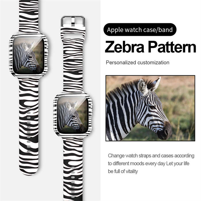 Silicone Printed Watch Band with Screen Protector Case for iWatch Series SE/6/5/4/3/2/1-Zebra