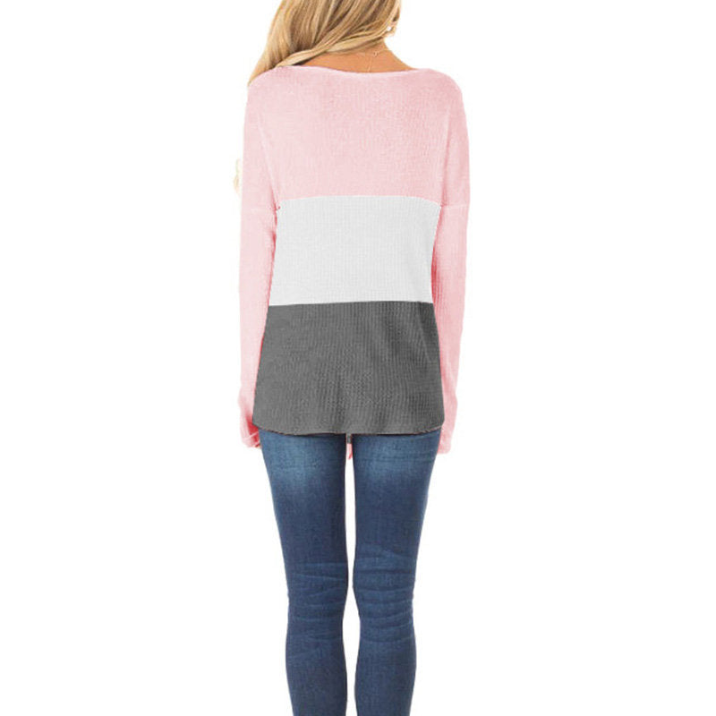 Womens Long Sleeve V-neck Autumn T-shirt Loose Top with Pockets-Pink