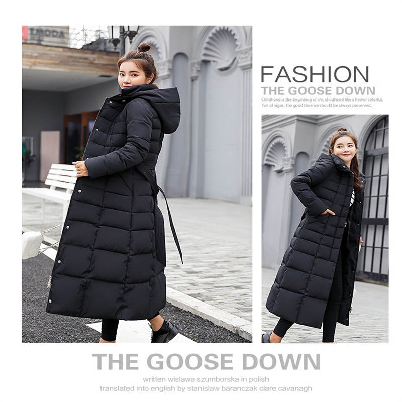 Women Warm Down Jacket with Hood Fur Long Puffer Coat-Black