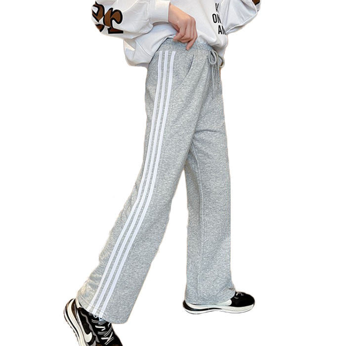 Girls Joggers Long Pants Pockets Outdoor Casual Trousers with Drawstring White Strips-Gray