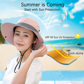 Women's UV Protection Wide Brim Sun Hat-Cool Mesh Foldable Travel Outdoor Fishing Hat-Red+NavyBlue