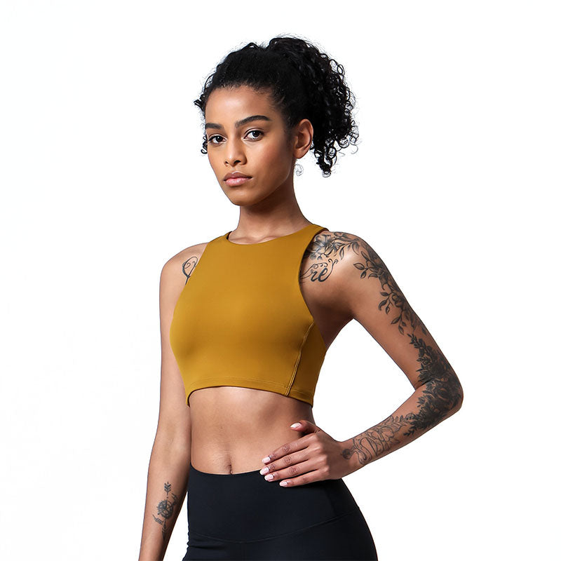 Criss-Cross Back Sports Bra Medium-High Support Workout Tops-Yellow