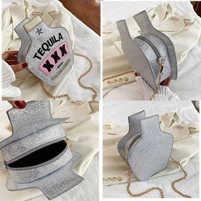 Tequila Bottle Shaped Laser Shoulder Handbags PU Crossbody Purse for Women-SequinSilver