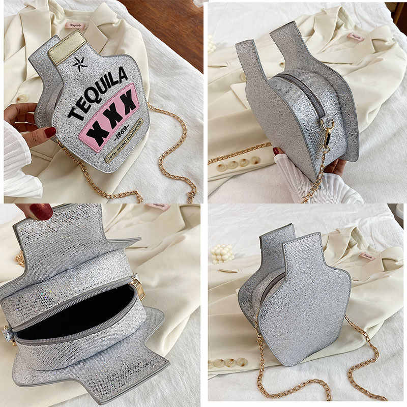 Tequila Bottle Shaped Laser Shoulder Handbags PU Crossbody Purse for Women-SequinSilver