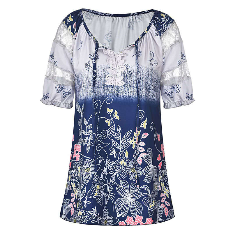 Womens Casual Boho Floral Print V Neck Lace Short Sleeve Tops-Gray