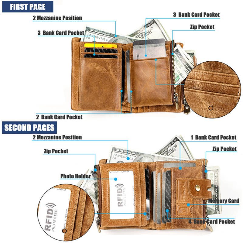 Vintage Womens RFID Blocking Leather Wallet Small Chain-Coffee